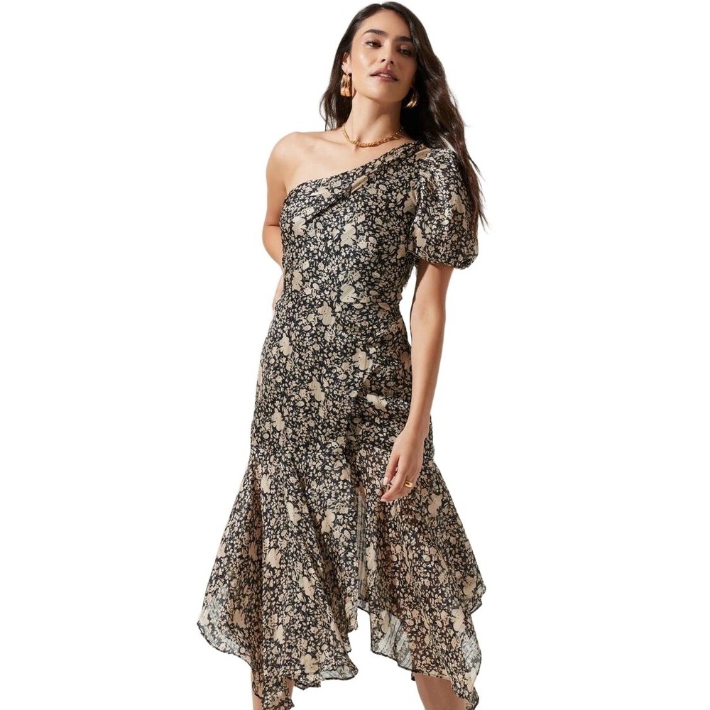 ASTR the Label Women Black Ivory Santorini Floral One Shoulder Midi Dress Size M - Picture 4 of 14